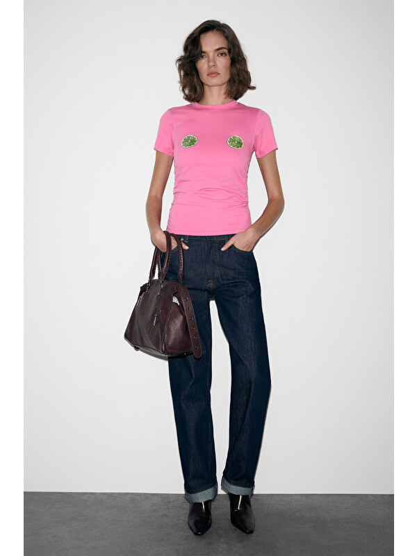 GRIMELANGE VUNIKA Kadın Yumuşak Kumaşlı Baskı Detaylı Slim Fit PEMBE T-Shirt