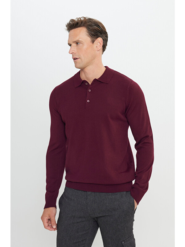 AC&Co / Altınyıldız Classics Erkek Bordo Tüylenme Yapmayan Anti Pilling Kumaş Standart Fit Polo Yaka Triko