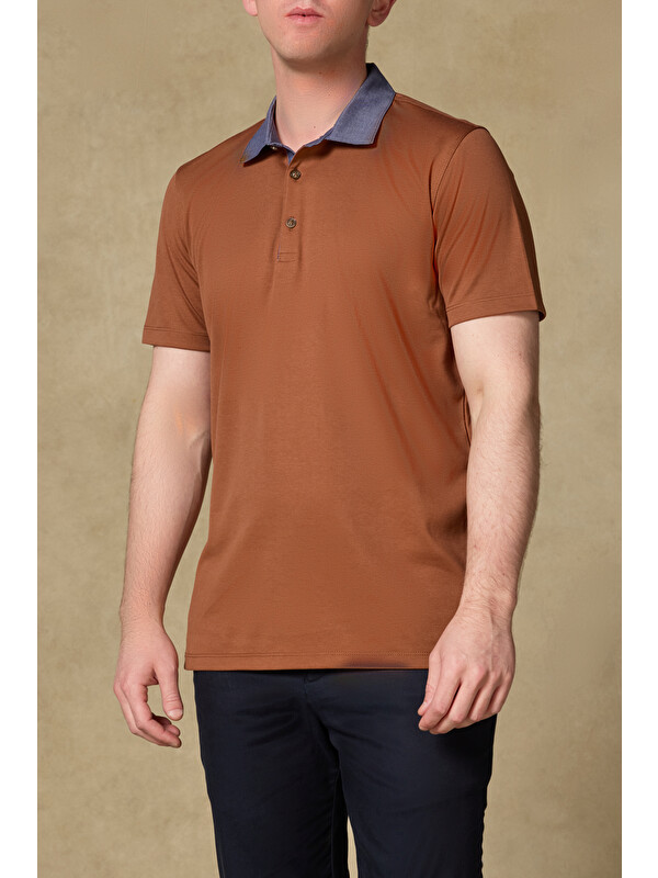 ABBATE Bivo Merserize Pamuklu Modern Fit Kiremit Polo Yaka Erkek Düz Polo Shirt