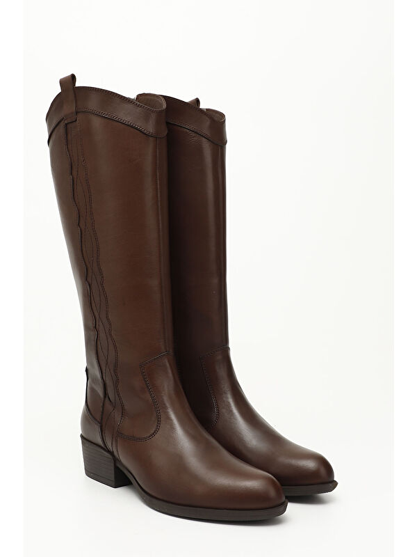 Kadın ORTA KAHVERENGİ Fermuarlı Kalın Topuklu Hakiki Deri Kovboy Çizme - Görsel 3