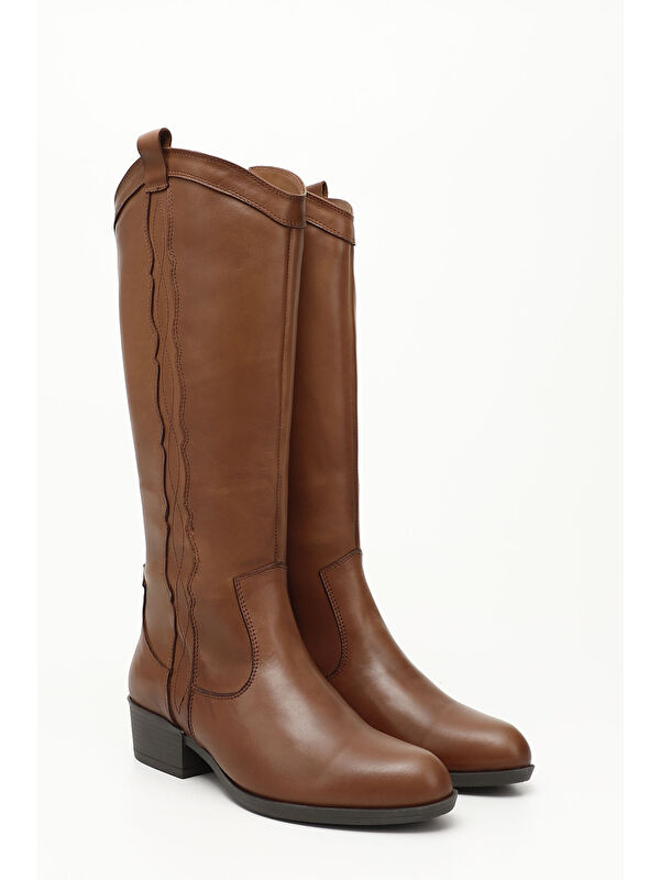 Kadın TABA Fermuarlı Kalın Topuklu Hakiki Deri Kovboy Çizme - Görsel 3