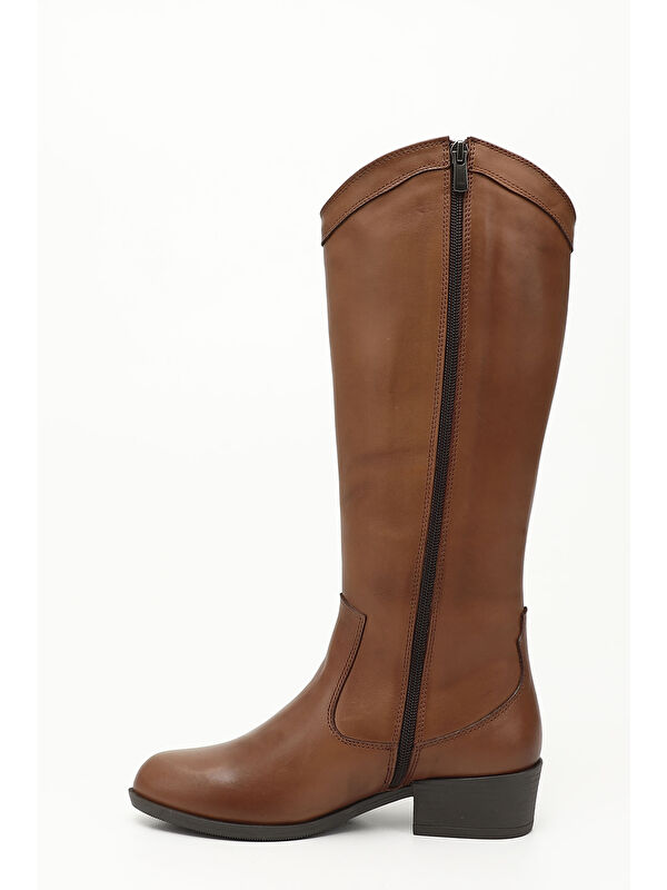Kadın TABA Fermuarlı Kalın Topuklu Hakiki Deri Kovboy Çizme - Görsel 4