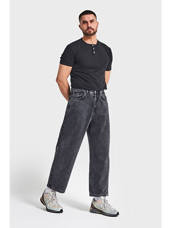It's Basic Erkek Füme Renk 3w5-14 Loose Baggy Fit Bol Kesim Cep Nakış Detaylı Denim Jean