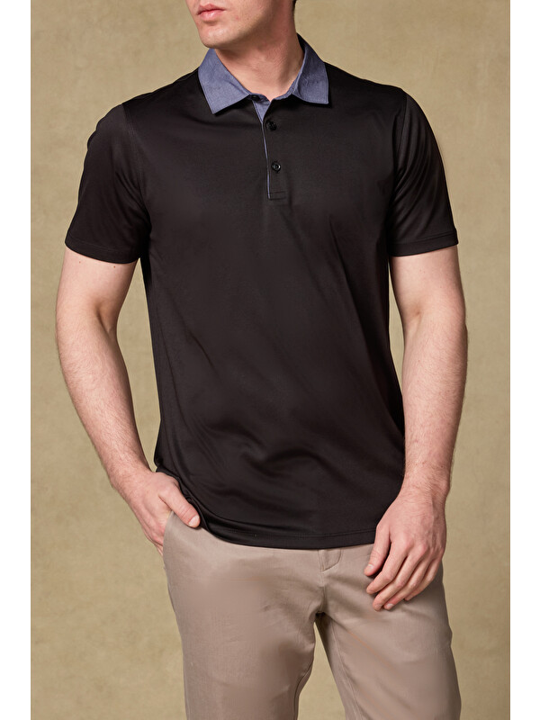 ABBATE Bivo Merserize Pamuklu Modern Fit Siyah Polo Yaka Erkek Düz Polo Shirt
