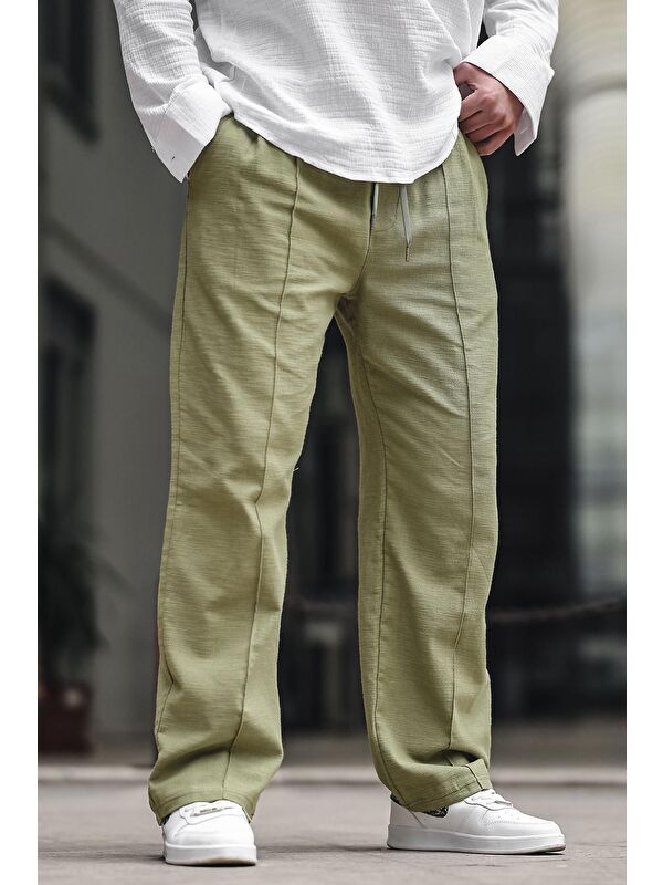Madmext Haki Erkek Rahat Kesim Keten %100 Pamuk Pantolon 6539