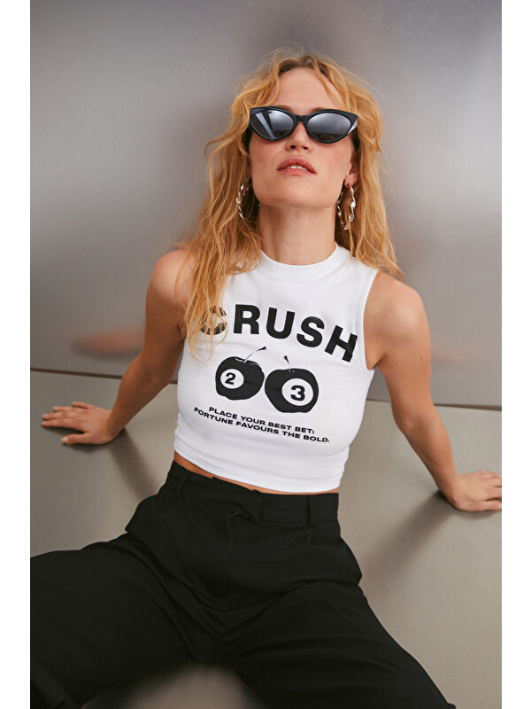 GRIMELANGE AZURA Kadın Baskılı Pamuklu Kısa Kollu Crop BEYAZ T-Shirt
