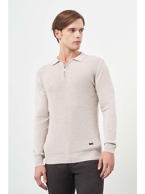 İMZA Bej Uzun Kol Kendinden Düz Örme Polo Yaka Classic Comfort Fit Triko 1012245156