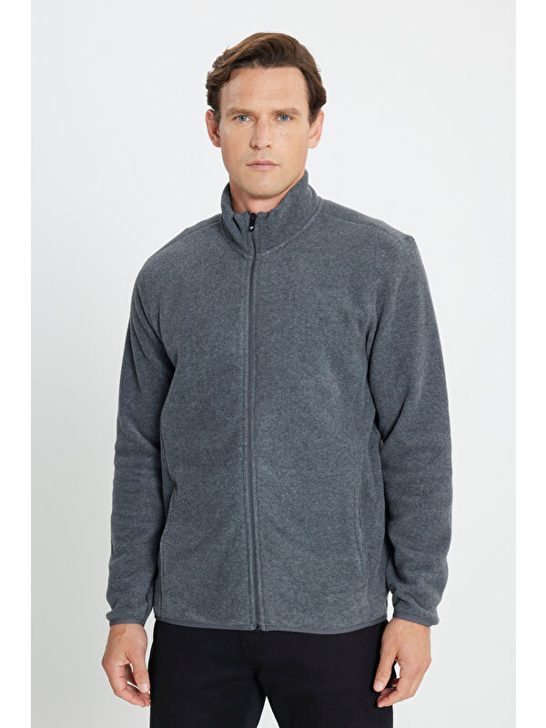 AC&Co / Altınyıldız Classics Erkek Antrasit Anti-Pilling Tüylenme Yapmayan Standart Fit Bato Yaka Sweatshirt Polar Ceket