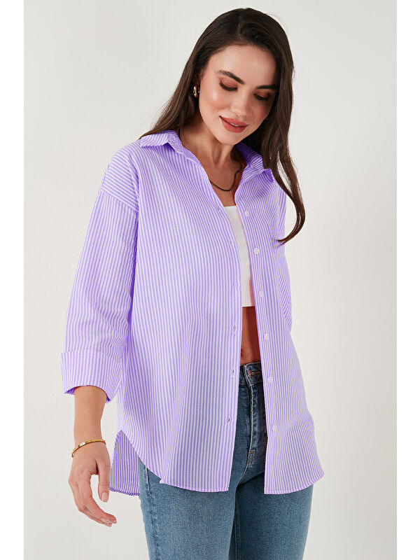 Lela Regular Fit Uzun Kollu Cepli Çizgili Kadın Gömlek 6772895