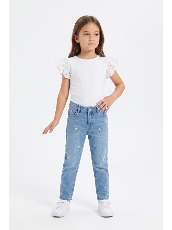 Toontoykids Kız Çocuk Kısa Kollu Bisiklet Yaka Kolu Tül Detaylı Pamuklu Basic Tişört 25058