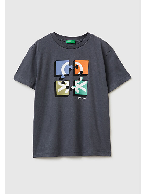 United Colors Of Benetton Erkek Çocuk Antrasit Önü Logo Baskılı Bisiklet Yaka T-Shirt