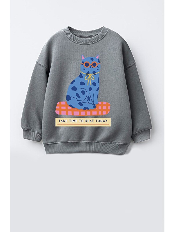 Monila Kız Çocuk 3 İplik Kumaş Pamuklu Mavi Kedi Baskılı Sweatshirt