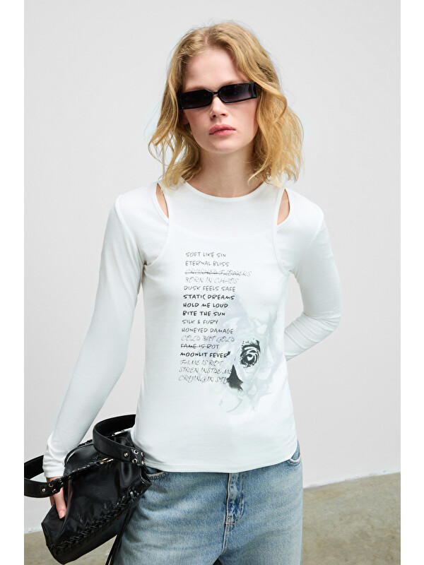 GRIMELANGE ZARABI Kadın Yumuşak Kumaşlı Halter Yakalı Uzun Kollu BEYAZ T-Shirt