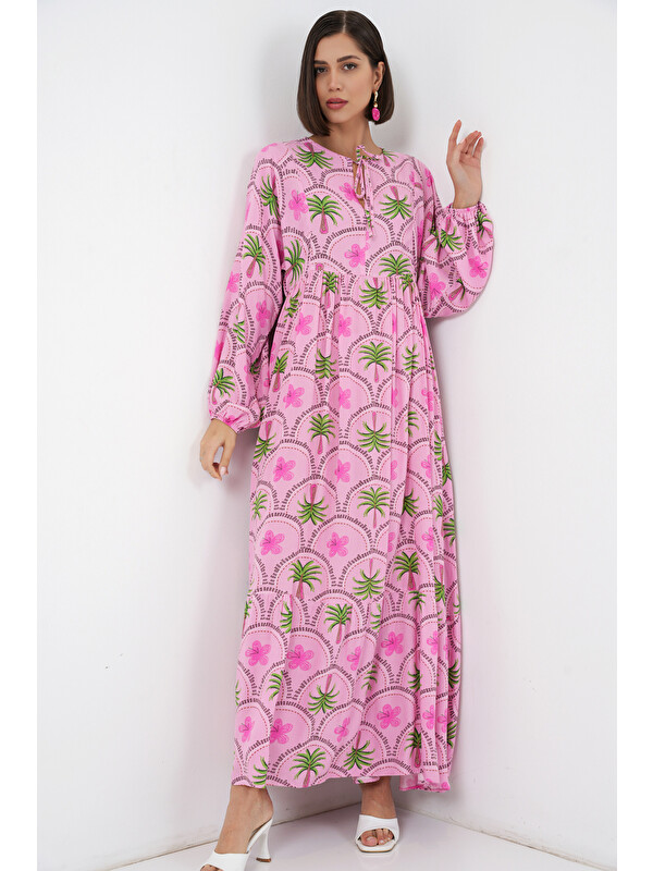 Bigdart Kadın Desenli Tesettür Elbise 2594 - Pembe