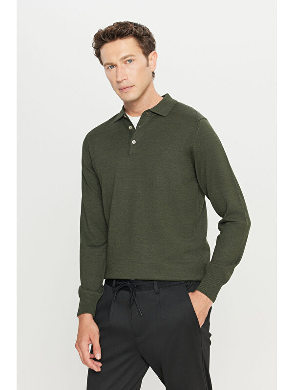 Altınyıldız Classics Erkek Haki Yünlü Standart Fit Normal Kesim Polo Yaka Basic Triko Kazak