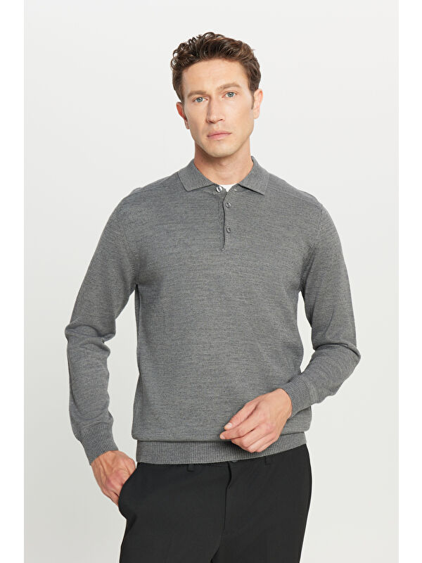 Altınyıldız Classics Erkek Gri Melanj Yünlü Standart Fit Normal Kesim Polo Yaka Basic Triko Kazak