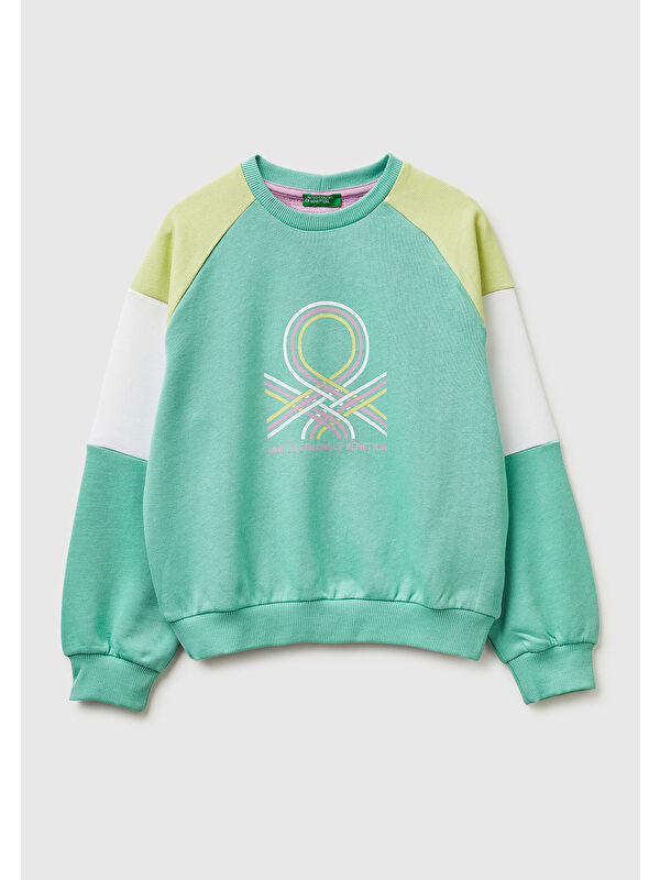 United Colors Of Benetton Kız Çocuk Yeşil Mix Renkli Baskılı Kontrast Detaylı Logolu Bisiklet Yaka Sweatshirt