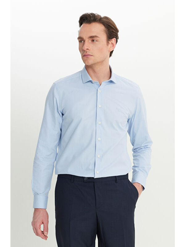 Altınyıldız Classics Erkek Mavi Slim Fit Dar Kesim Küçük İtalyan Yaka Armürlü Gömlek
