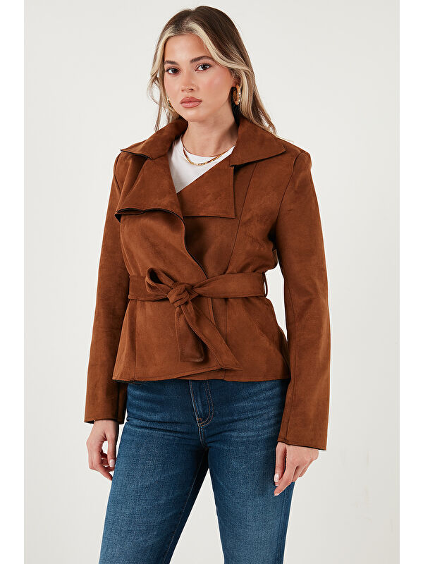 Lela Regular Fit Kruvaze Yaka Kuşaklı Süet Dokulu Ceket 6839640