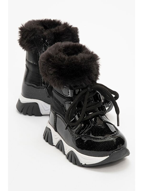 Kız Çocuk Siyah Simli Rugan Deri Suya Dayanıklı Kürklü Günlük Bot - Görsel 2