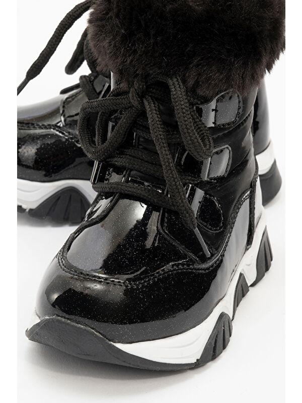 Kız Çocuk Siyah Simli Rugan Deri Suya Dayanıklı Kürklü Günlük Bot - Görsel 3