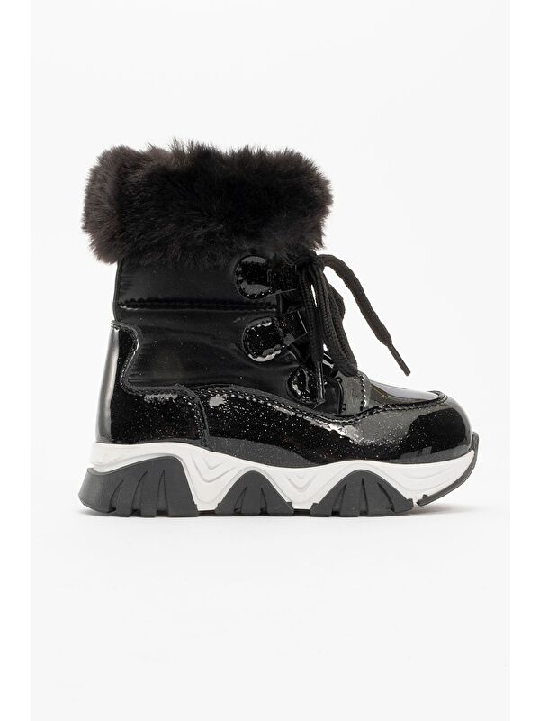 Kız Çocuk Siyah Simli Rugan Deri Suya Dayanıklı Kürklü Günlük Bot - Görsel 5