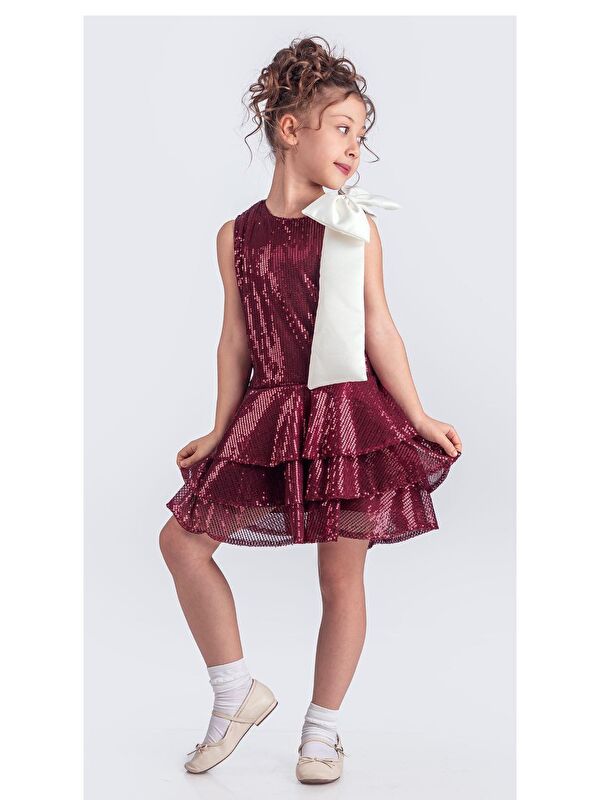 Mnk Baby & Kids Yaka Fiyonk Işıltılı Pul Payet Kumaş Kız Çocuk Abiye Elbise M00702