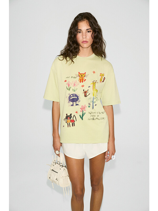 GRIMELANGE MILLIE Kadın %100 Organik Pamuklu Oversize Kalıp Bol Kesim Baskı ve Nakış Detaylı YEŞİL T-Shirt