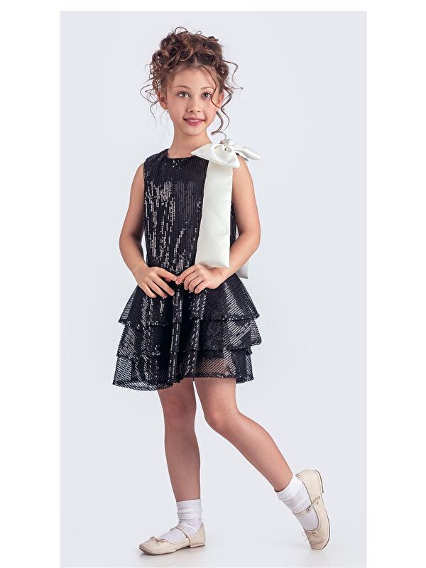 Mnk Baby & Kids Yaka Fiyonk Işıltılı Pul Payet Kumaş Kız Çocuk Abiye Elbise M00702