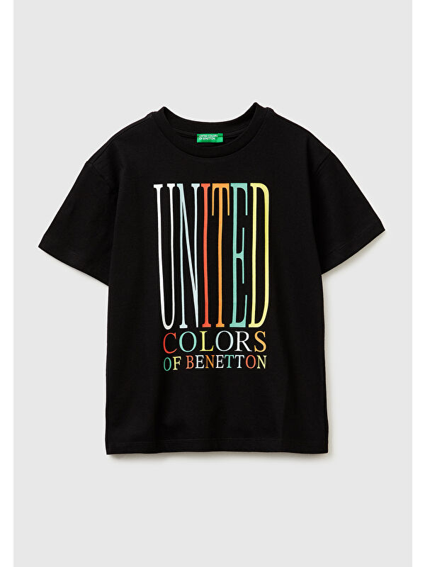 United Colors Of Benetton Erkek Çocuk Siyah Önü Logo Baskılı Bisiklet Yaka T-Shirt