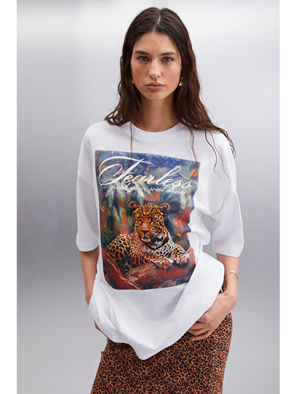 GRIMELANGE AILIS Kadın %100 Pamuk Oversize Fit  Baskılı BEYAZ T-Shirt