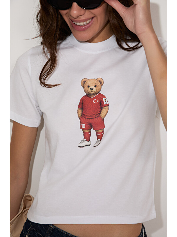 GRIMELANGE UMAYANA Kadın Yumuşak Ve %100 Organik Pamuklu Dünya Kupasına Özel Baskılı BEYAZ T-Shirt