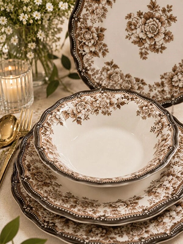 PORSER Porselen Velour Brown Fulya Yemek Seti 6 Kişilik 24 Parça