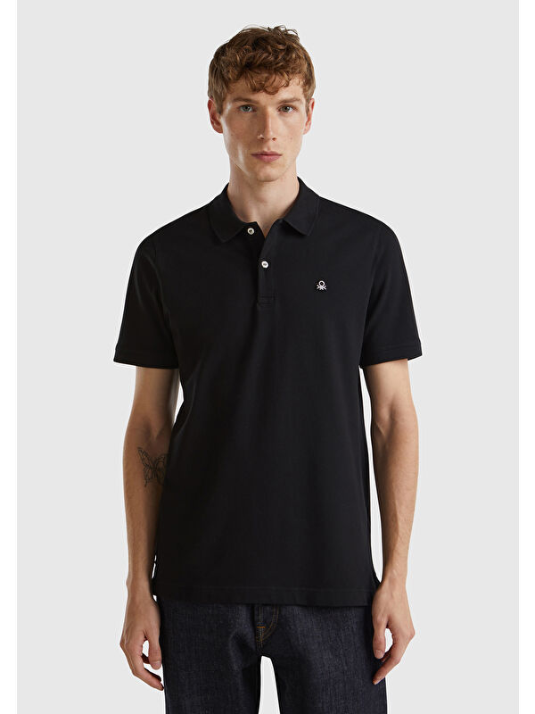 United Colors Of Benetton Siyah  100 Pamuk Slim Fit Polo Erkek Tişört