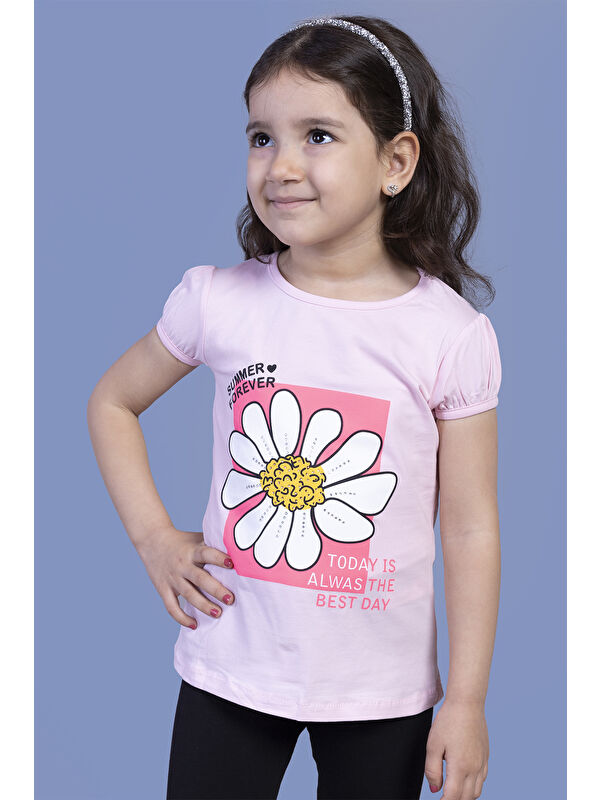 Toontoykids Kız Çocuk Papatya Baskılı Taş İşlemeli Tişört