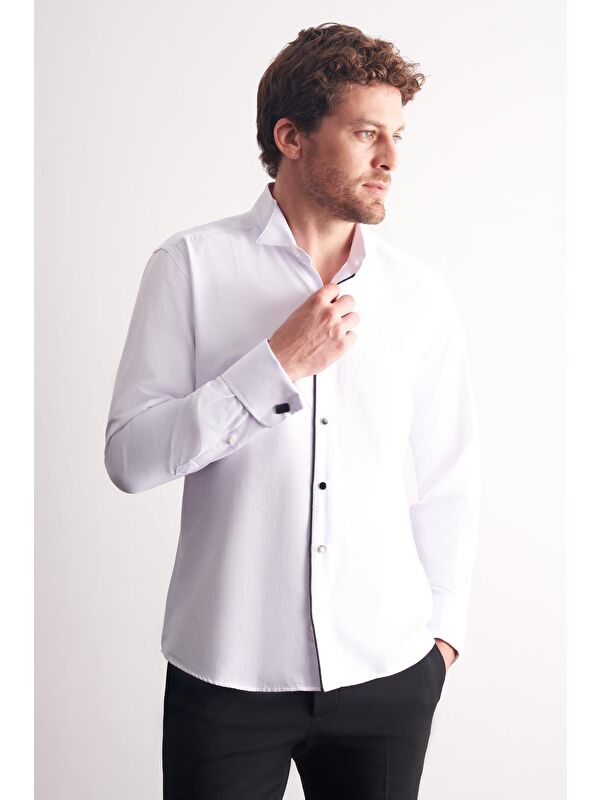 İMZA Beyaz Uzun Kol Ata Yaka Düz Pamuklu Slim Fit Gömlek 1004255215