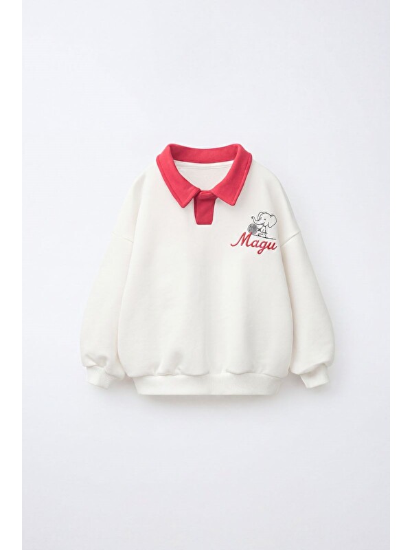 Magu Çocuk Pamuklu Fil Nakışlı Kırmızı Polo Yaka Ekru Sweatshirt