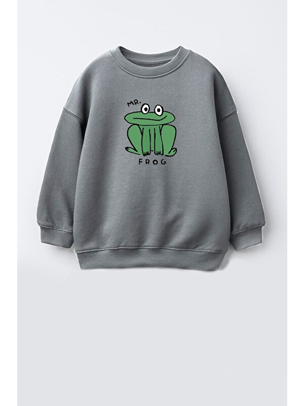 Monila Unisex Çocuk Kurbağa Baskılı 3 İplik Kumaş Pamuklu Sweatshirt