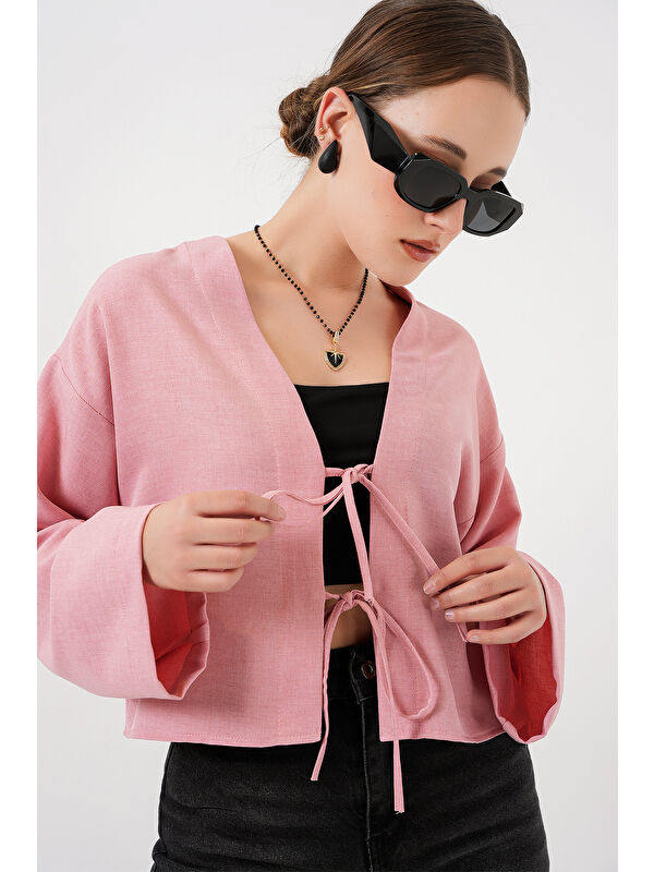 Bigdart Önü Bağlamalı Keten Kimono 960 - Pudra