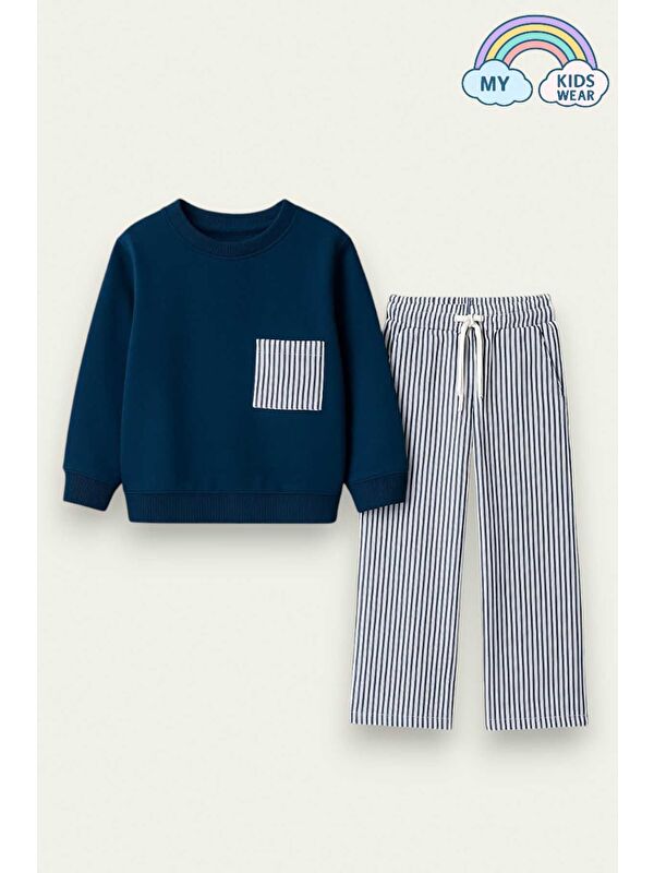 My Kids Wear Kız Çocuk Sweatshirt ve Pantolon Takımı – Lacivert Çizgili 2-10 Yaş 12018