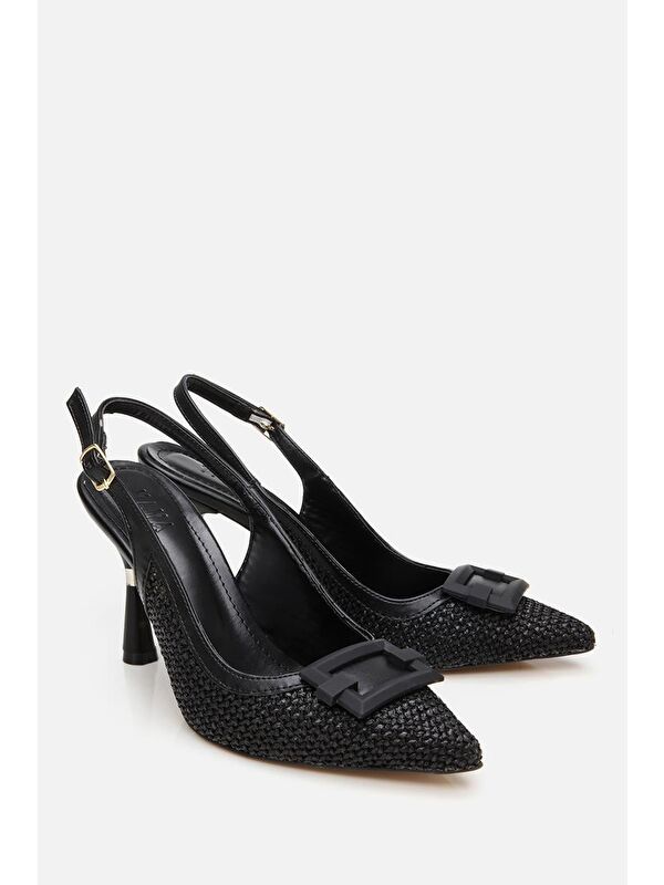 Kadın Siyah Hasır Detaylı Arkası Açık Topuklu Ayakkabı - Görsel 3