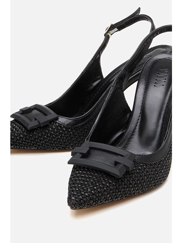 Kadın Siyah Hasır Detaylı Arkası Açık Topuklu Ayakkabı - Görsel 4