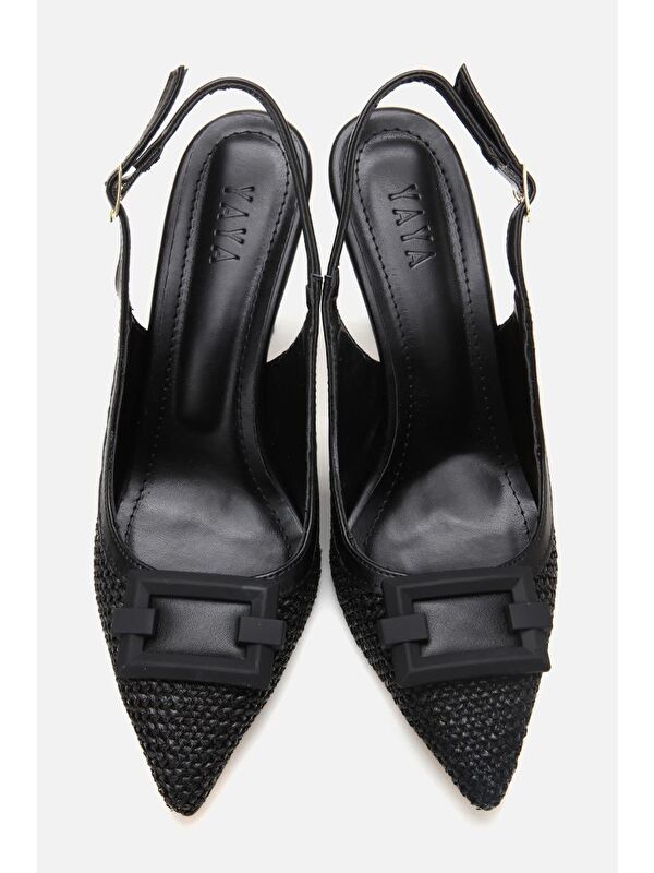 Kadın Siyah Hasır Detaylı Arkası Açık Topuklu Ayakkabı - Görsel 6