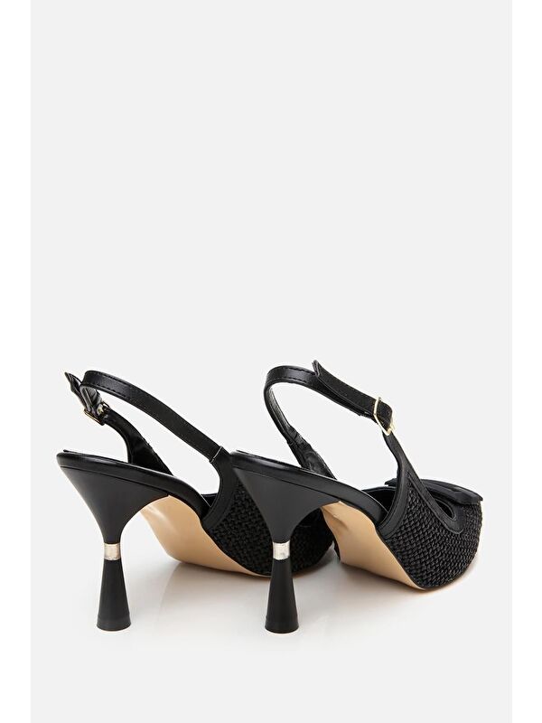 Kadın Siyah Hasır Detaylı Arkası Açık Topuklu Ayakkabı - Görsel 7