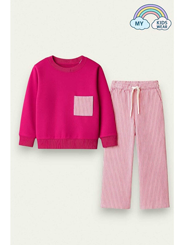 My Kids Wear Kız Çocuk Sweatshirt ve Pantolon Takımı – Pembe Çizgili 2-10 Yaş 12016