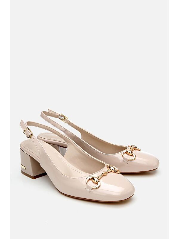 Kadın Rugan Bej Tokalı Arkası Açık Topuklu Ayakkabı - Görsel 5