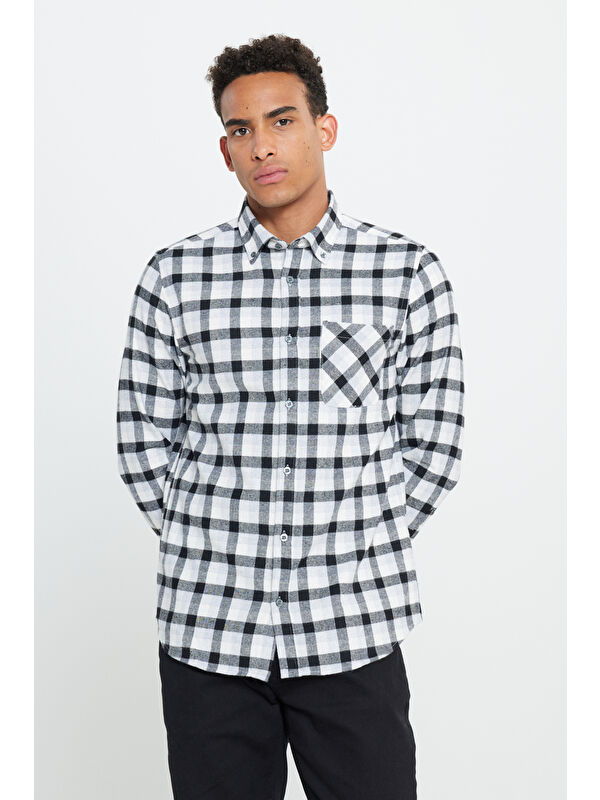 AC&Co / Altınyıldız Classics Erkek Siyah-Gri Slim Fit Dar Kesim Düğmeli Yaka Kareli Kışlık Flanel Oduncu Gömlek