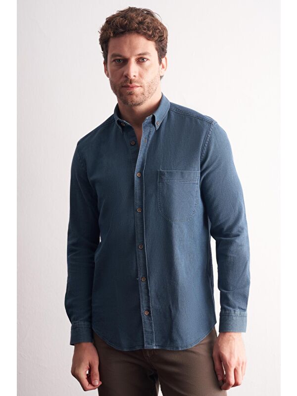 İMZA Lacivert - Yeşil Uzun Kol Düğmeli Yaka %100 Pamuk Slim Fit Gömlek 1004255199