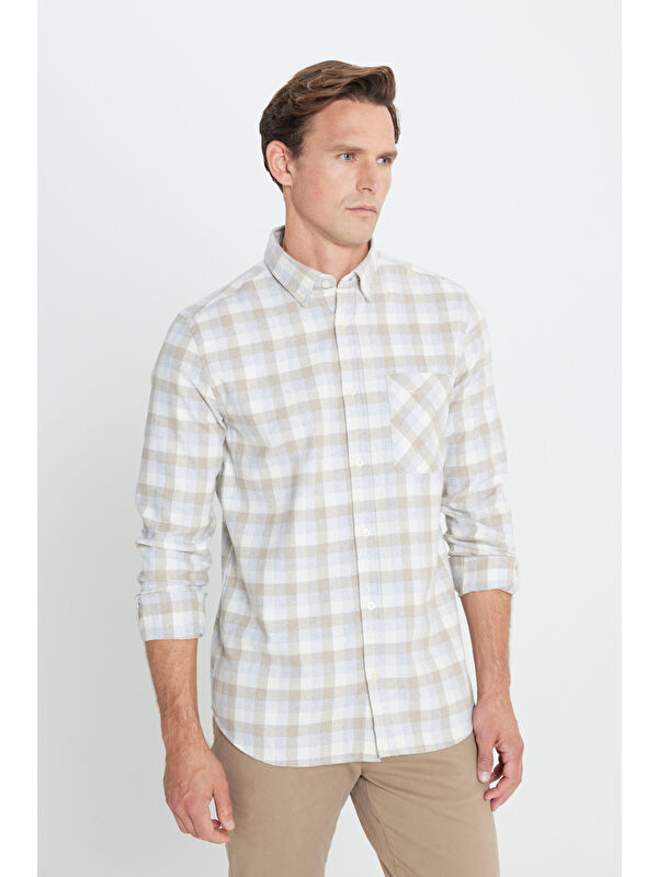 AC&Co / Altınyıldız Classics Erkek Bej-Gri Slim Fit Dar Kesim Düğmeli Yaka Kareli Kışlık Flanel Oduncu Gömlek