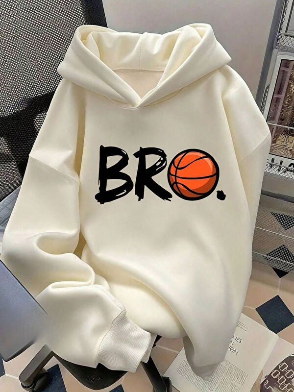 Trendseninle Bej Bro. Baskılı Oversize Kapüşonlu Sweatshirt